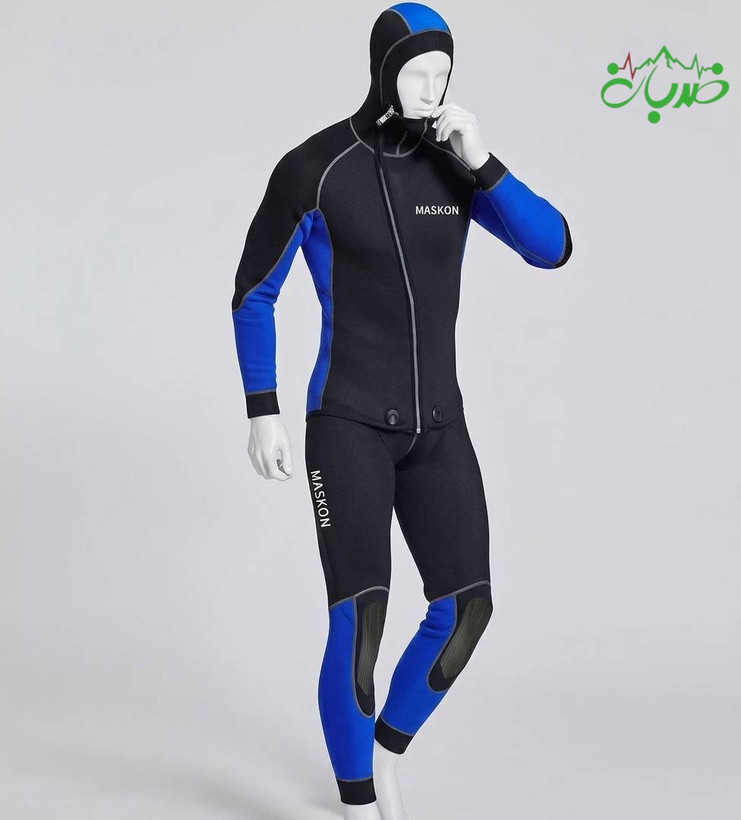 (وتسوت) لباس دره نوردی و غواصی ۵ میل MASKON مردانه تمام تنه دو تیکه آبی کاربنی و مشکی مدل Canyon Pro Guide