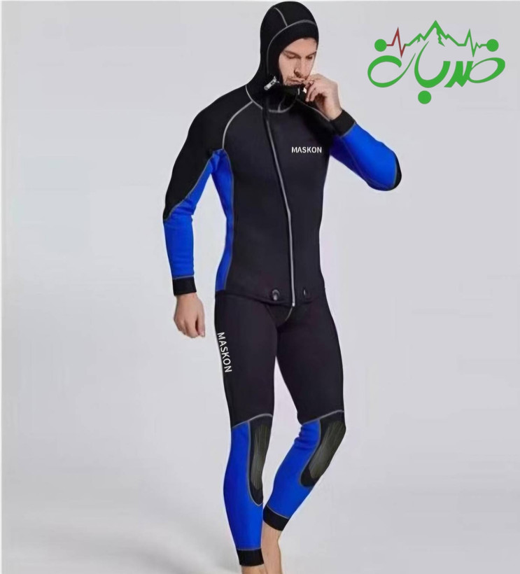 (وتسوت) لباس دره نوردی و غواصی ۵ میل MASKON مردانه تمام تنه دو تیکه آبی کاربنی و مشکی مدل Canyon Pro Guide