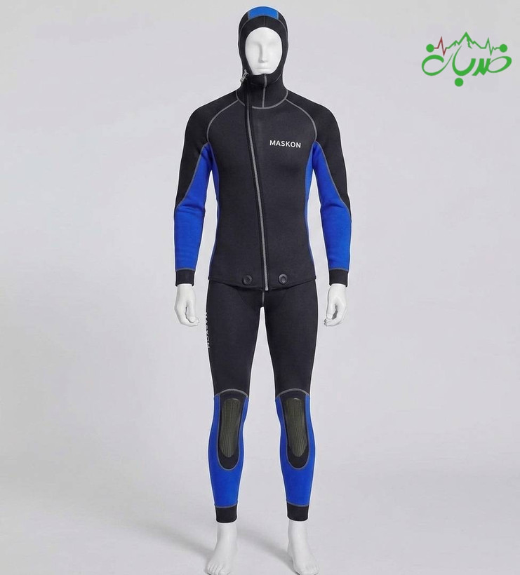 (وتسوت) لباس دره نوردی و غواصی ۵ میل MASKON زنانه تمام تنه دو تیکه آبی کاربنی و مشکی مدل Canyon Pro Guide